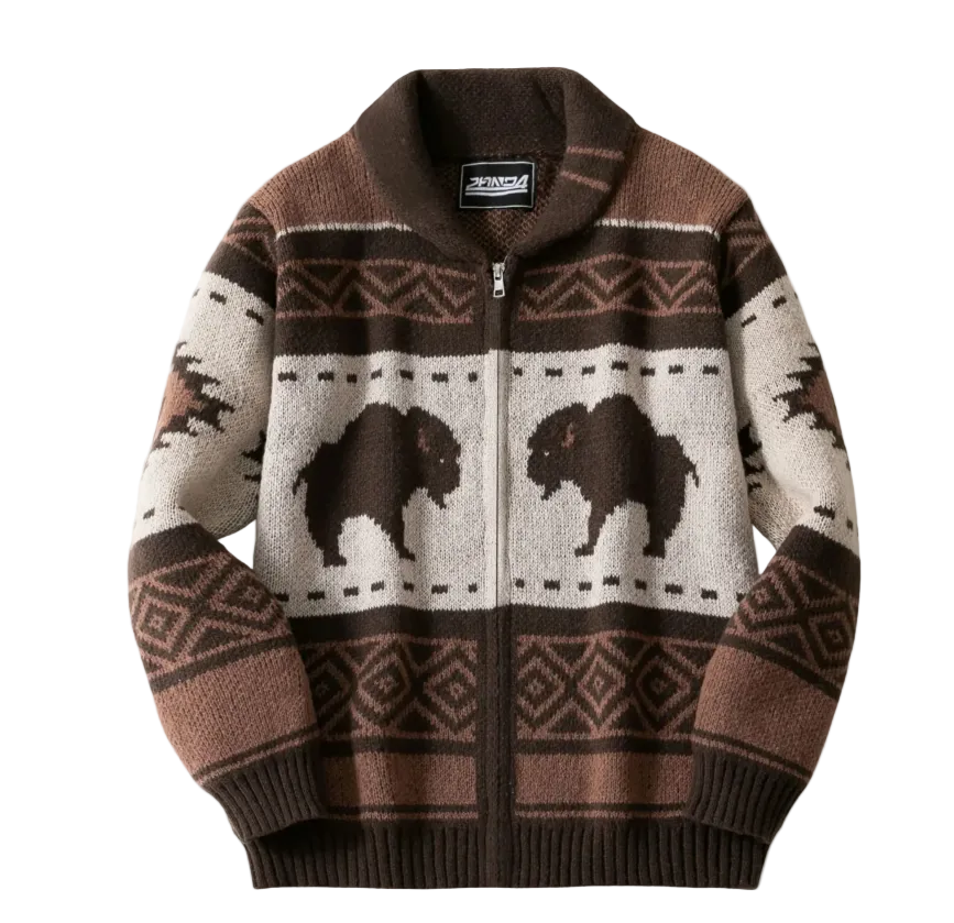 The St Andrews Retro Buffalo Print Winter Cardigan
