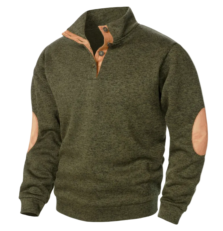 The Oakcrest Stand Collar Fleece Sweater with Suede Elbow Patches