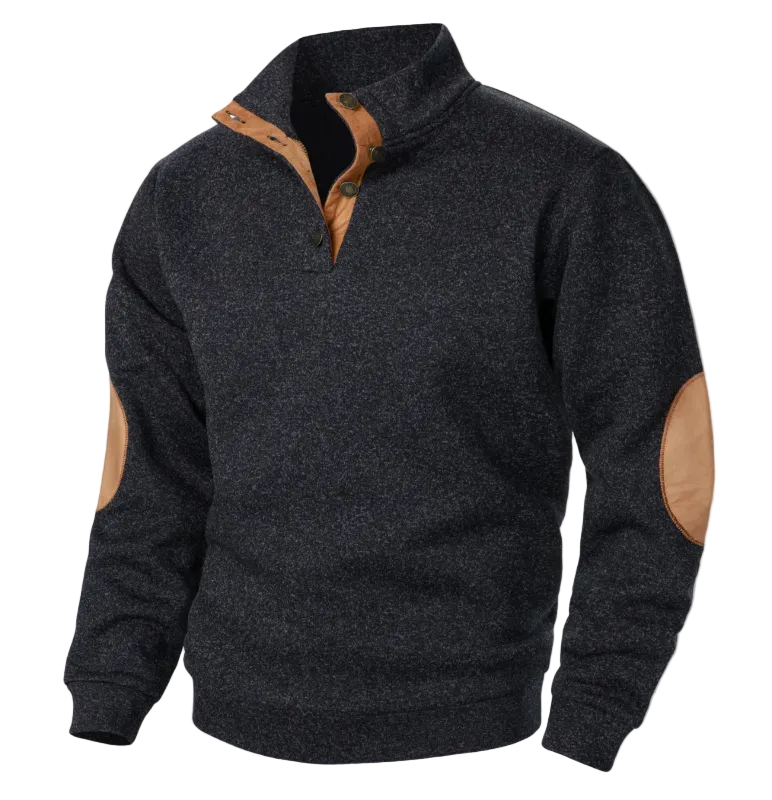 The Oakcrest Stand Collar Fleece Sweater with Suede Elbow Patches