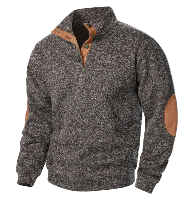 The Oakcrest Stand Collar Fleece Sweater with Suede Elbow Patches